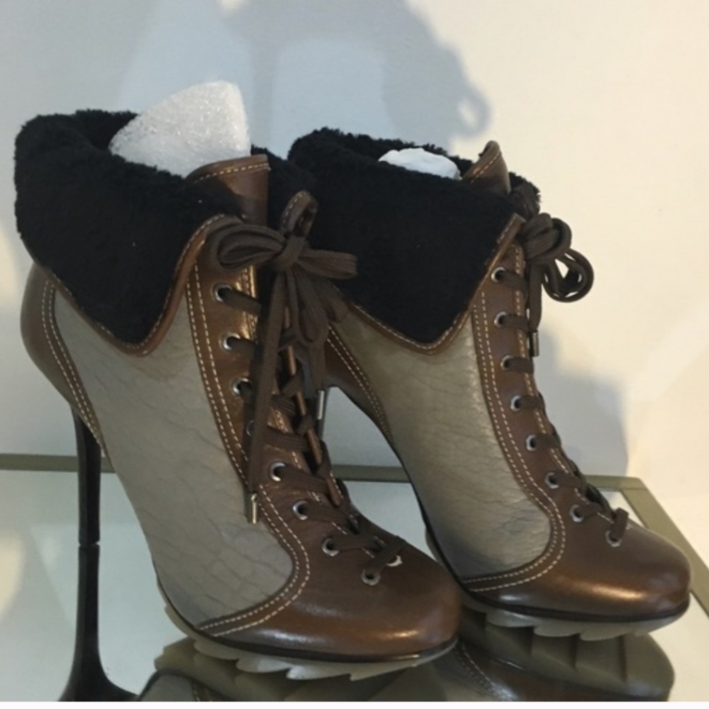 BCBG Max Azria Lace-Up Stiletto Booties – Brown/Black, Size 9.5